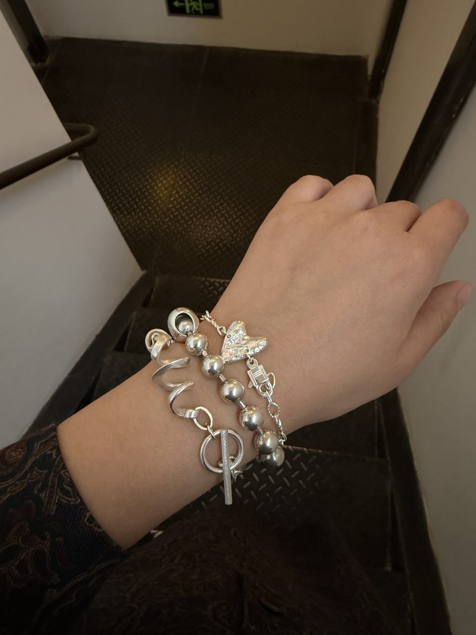 Le Fond Desire in the Box heart bracelet, 925 silver throughout; solid heart, worn with other pieces (2)