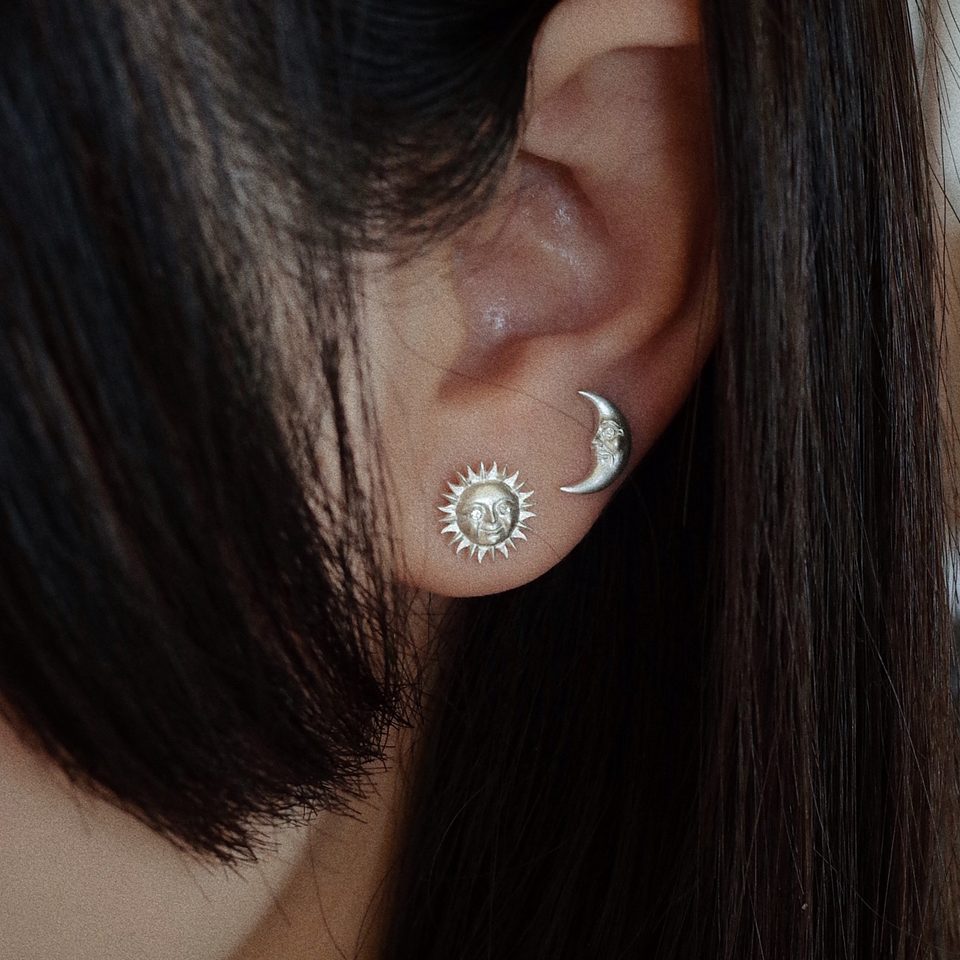 Le Fond Sun and Moon studs, 925 silver, worn (3)